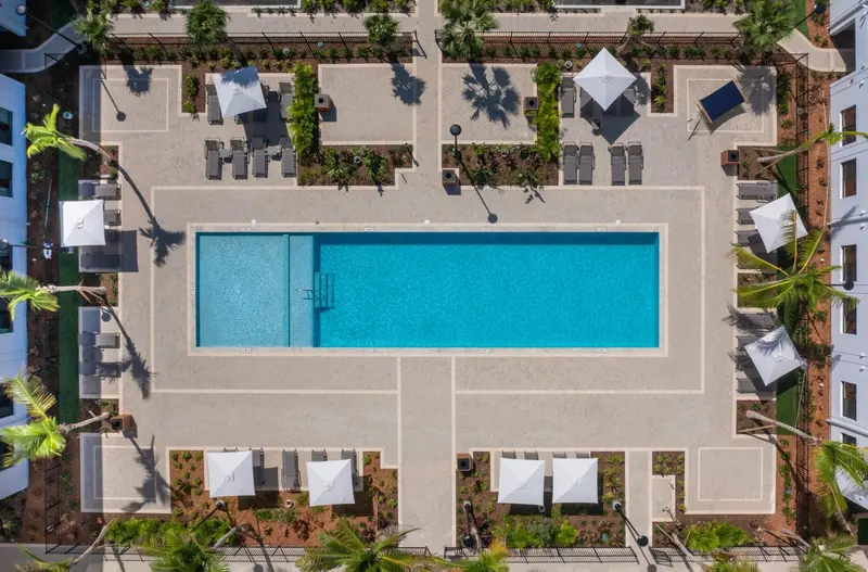 Vue aérienne d'une piscine rectangulaire entourée de chaises longues et de végétation tropicale.