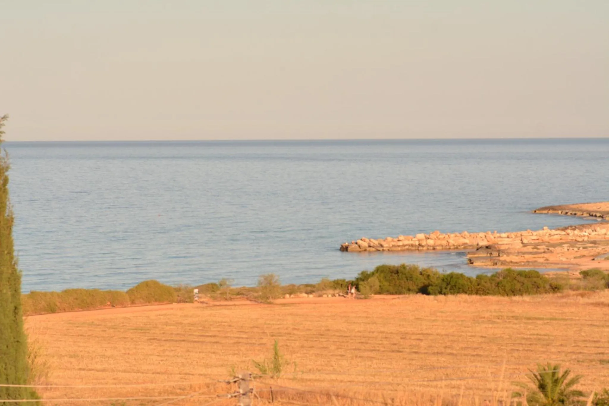 Vue sur la mer depuis une plage rocheuse et une végétation sèche.