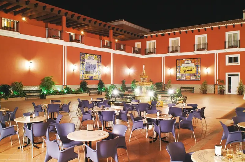 Une cour intérieure illuminée avec des tables et des chaises violettes autour d'une fontaine.