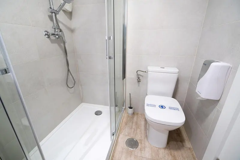 Une salle de bain moderne avec douche à l'italienne et toilettes.