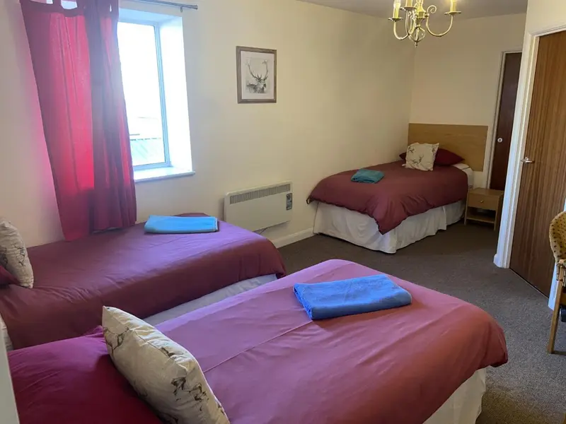 Chambre avec lits recouverts de couvertures rouges et bleues.
