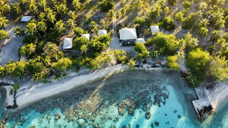 Vue aérienne d'une plage bordée de végétation et de bungalows.