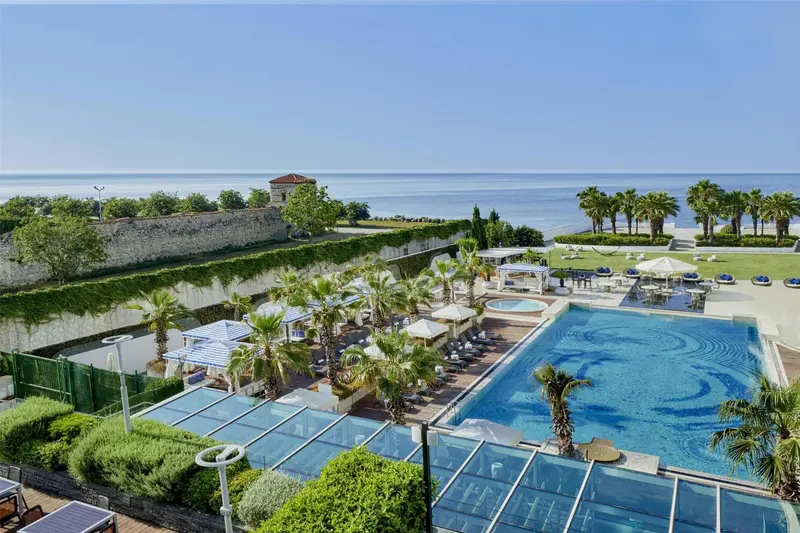 Vue aérienne d'une piscine avec transats et parasols, bordée d'une végétation luxuriante et donnant sur la mer.