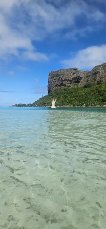 Eau turquoise et végétation luxuriante au pied d'une montagne.
