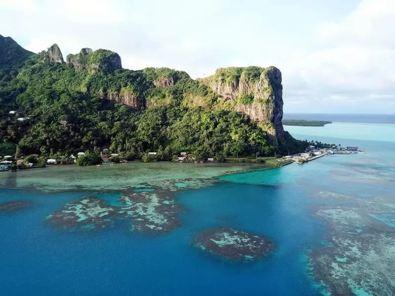 Vue aérienne d'une côte rocheuse verdoyante bordée d'une eau turquoise.