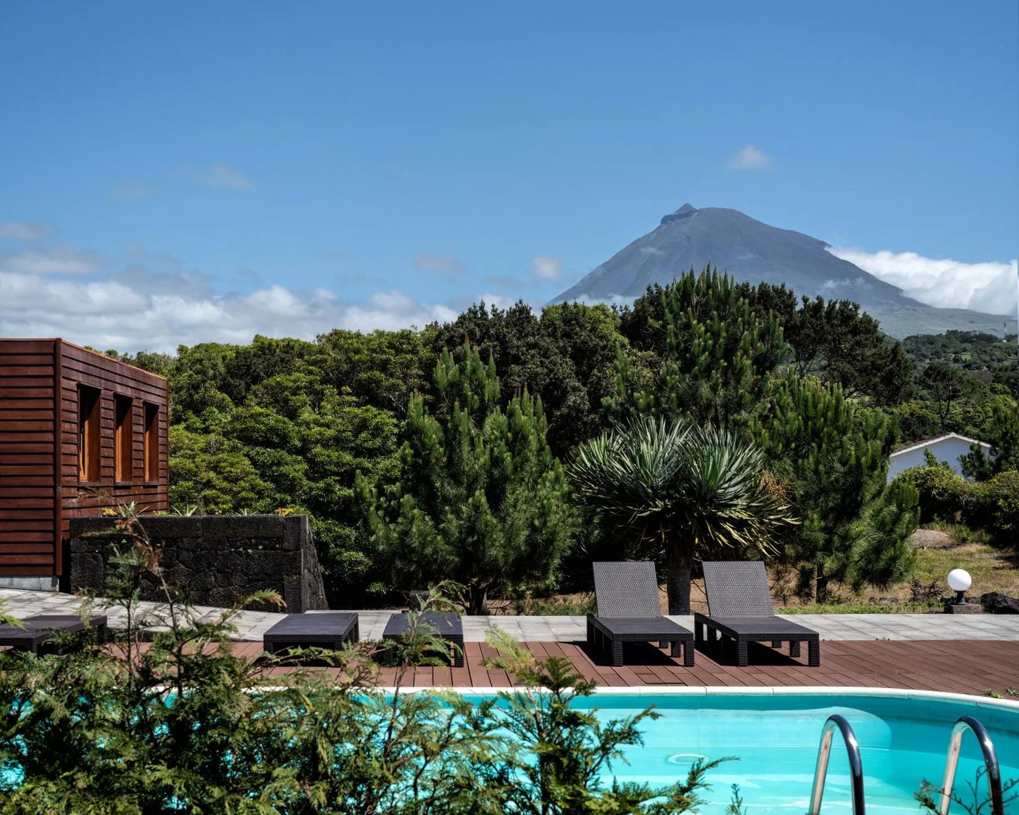 Transats et piscine avec vue sur une montagne verdoyante.
