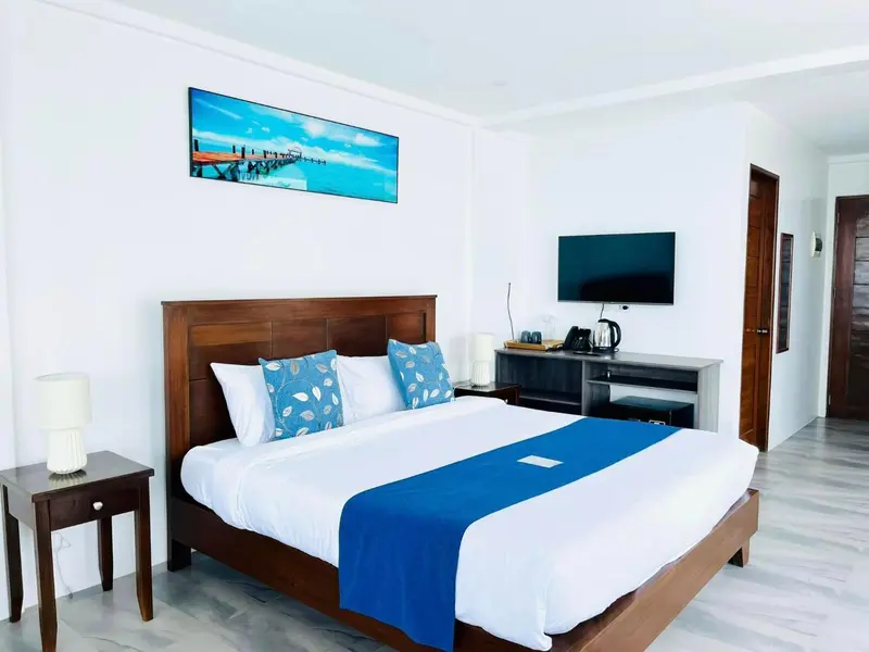 Une chambre lumineuse avec un grand lit et une décoration sobre.