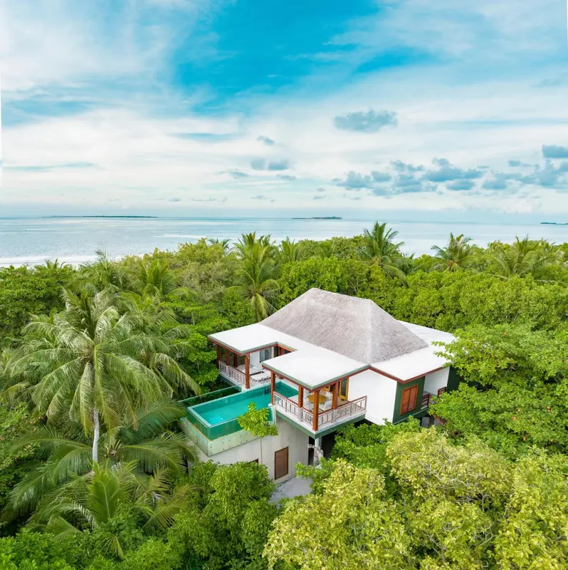 Vue aérienne d'une villa avec piscine entourée de végétation luxuriante et donnant sur la mer.