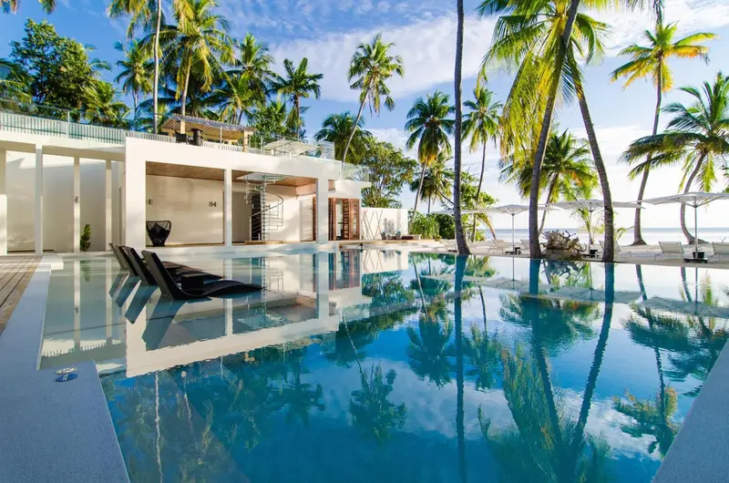 Une piscine turquoise reflète les palmiers et le ciel bleu.