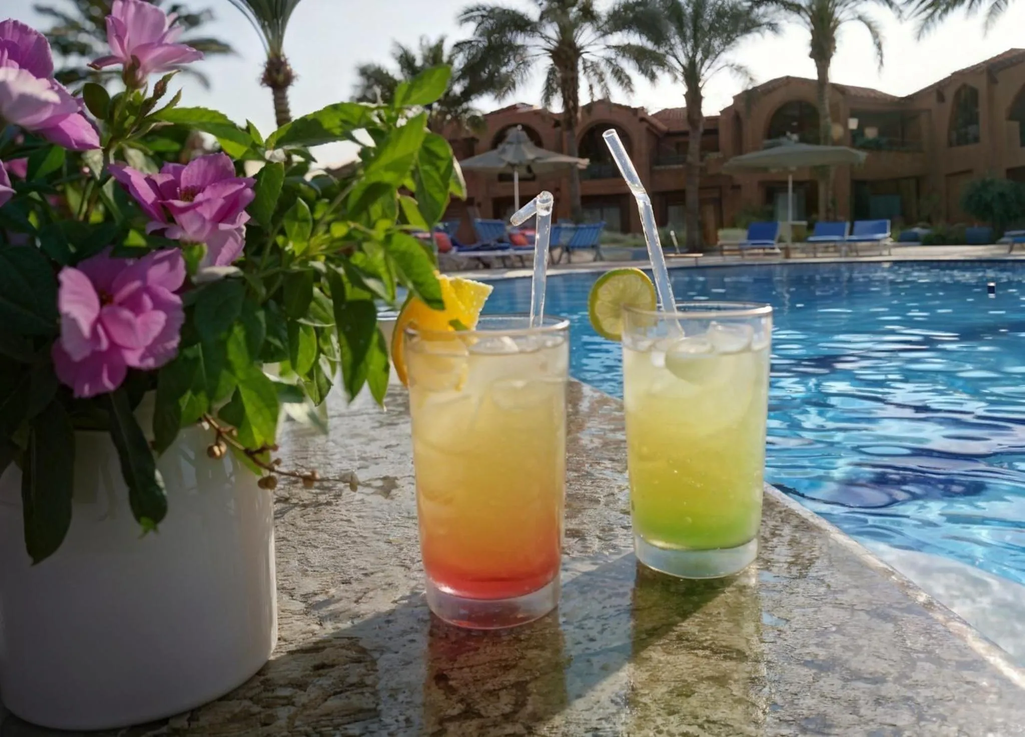 Deux cocktails colorés sur une table au bord d'une piscine ensoleillée.