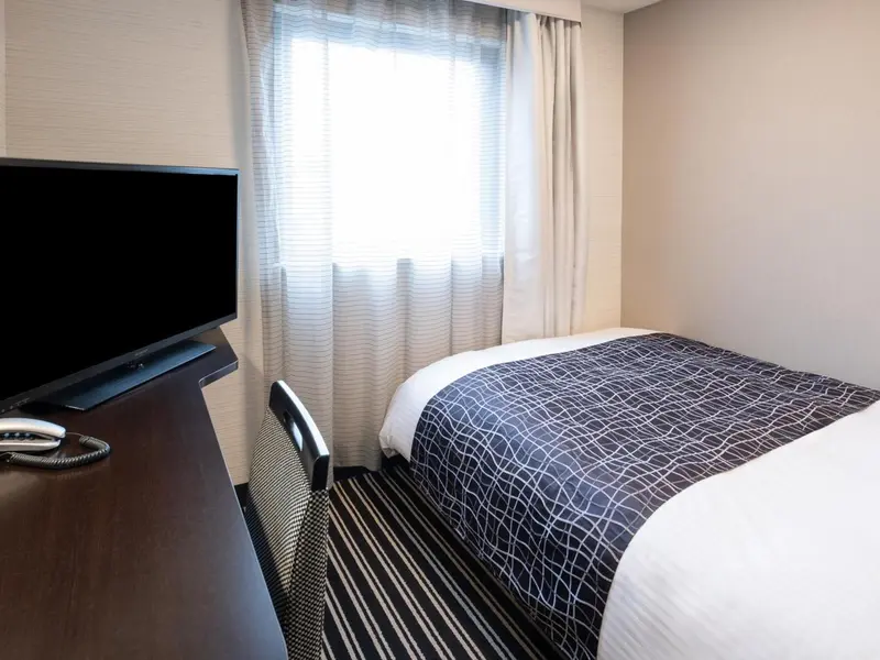 Une chambre d'hôtel avec un lit et un téléviseur.