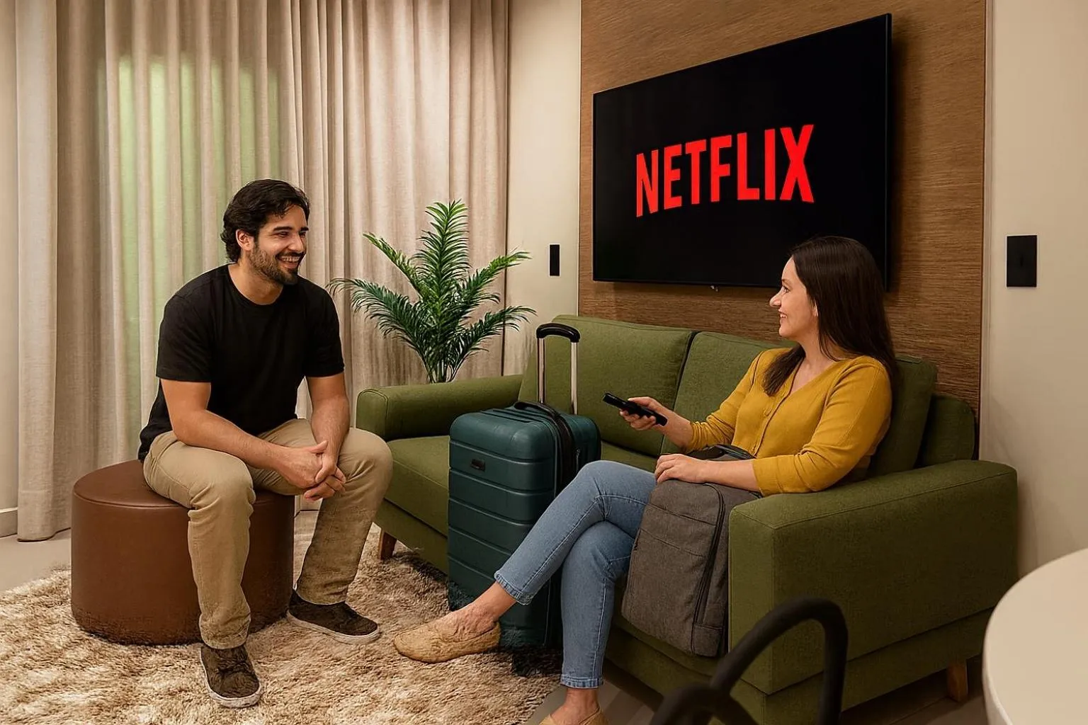 Un couple est assis dans un salon d'hôtel, regardant la télévision.
