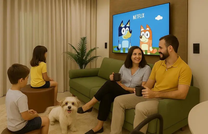 Une famille regarde la télévision dans un salon confortable.