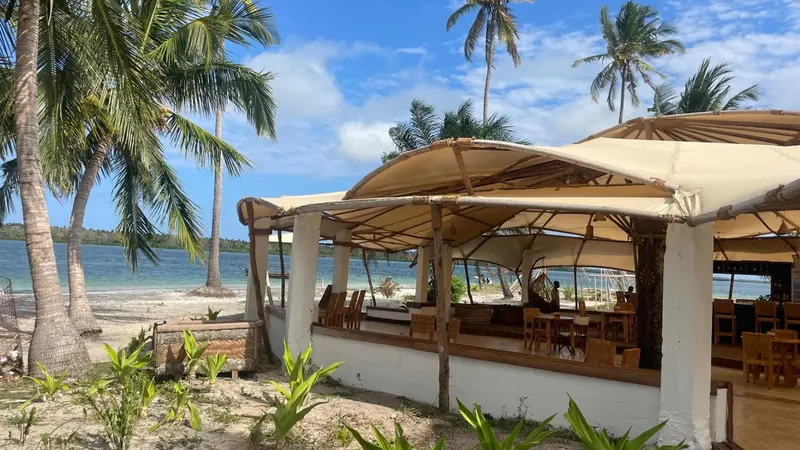 Une terrasse ombragée s'ouvre sur une plage de sable blanc bordée de palmiers.