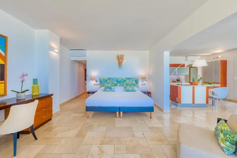 Une chambre lumineuse avec un grand lit et un coin cuisine.
