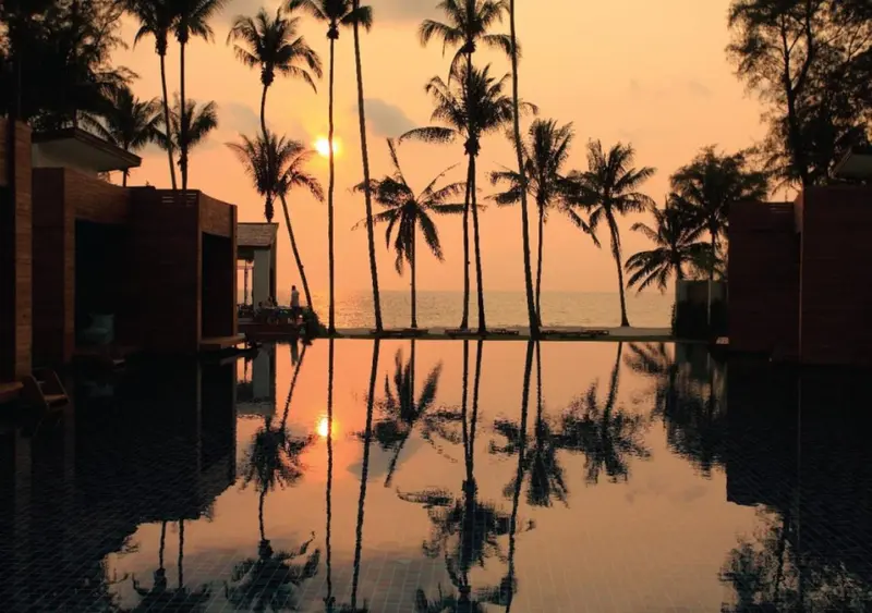 Reflets de palmiers et de bâtiments sur une piscine au coucher du soleil.