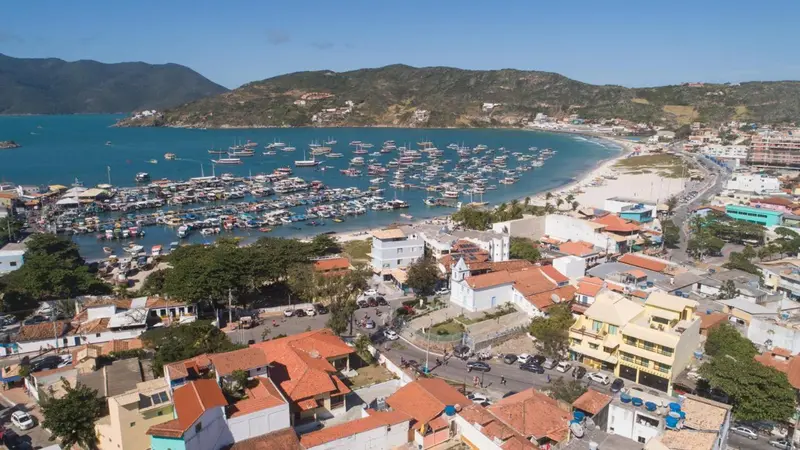 Vue aérienne d'une baie bordée de bâtiments et de bateaux.