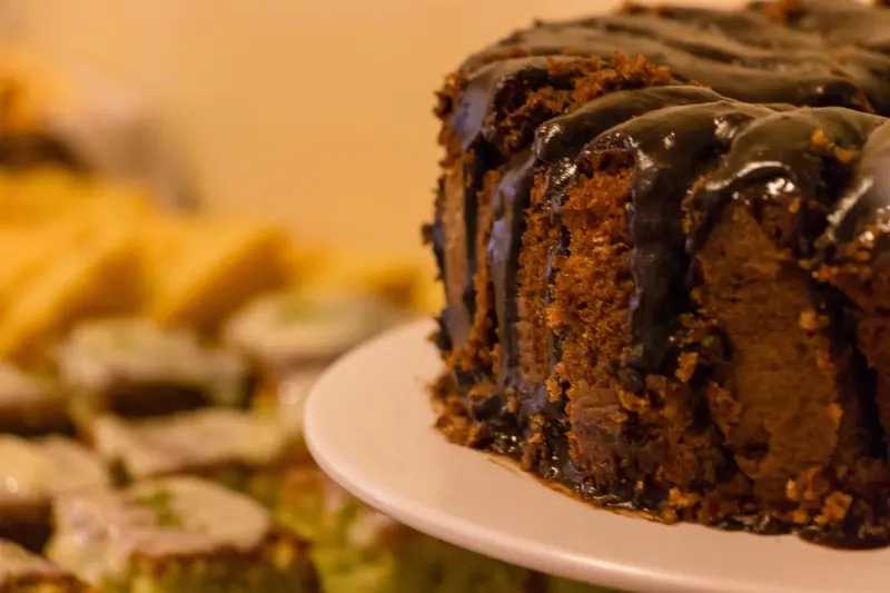 Un gâteau au chocolat nappé de glaçage est présenté sur une assiette blanche.