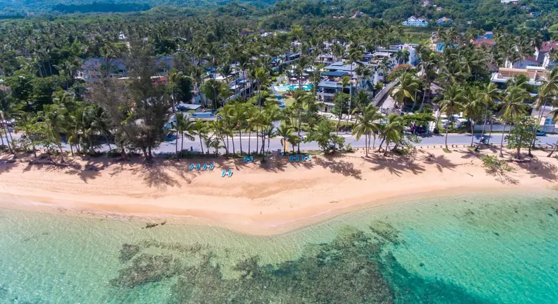 Vue aérienne d'une plage de sable fin bordée de palmiers et d'une eau turquoise.
