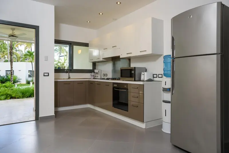 Une cuisine moderne avec des appareils en acier inoxydable et un accès à une terrasse.