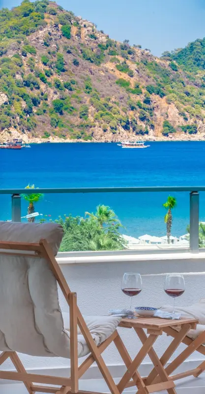 Une terrasse avec deux verres de vin et une vue sur la mer.
