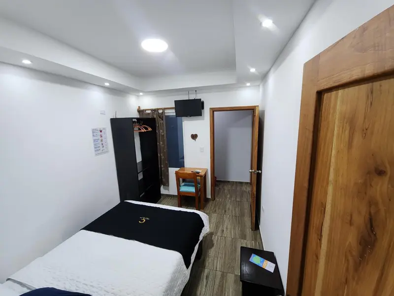 Une chambre avec un lit et une télévision.