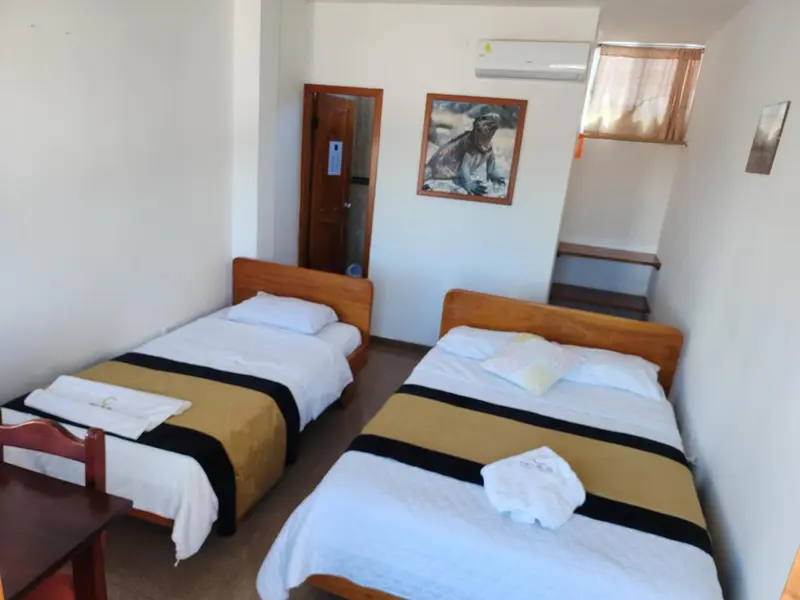 Une chambre avec deux lits simples et une décoration murale.