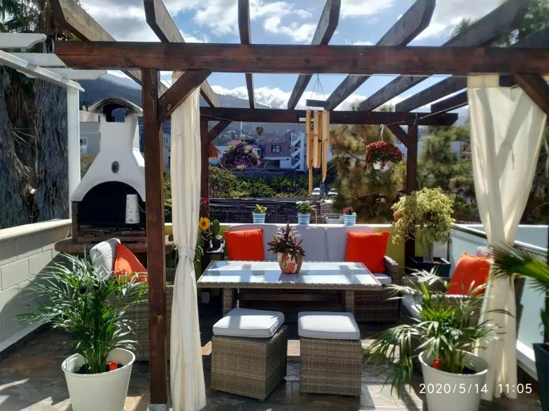 Espace de détente extérieur avec mobilier de jardin et plantes.