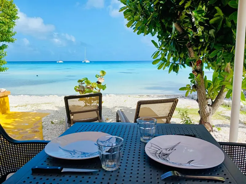 Une table est dressée en extérieur avec une vue sur la mer et des bateaux.