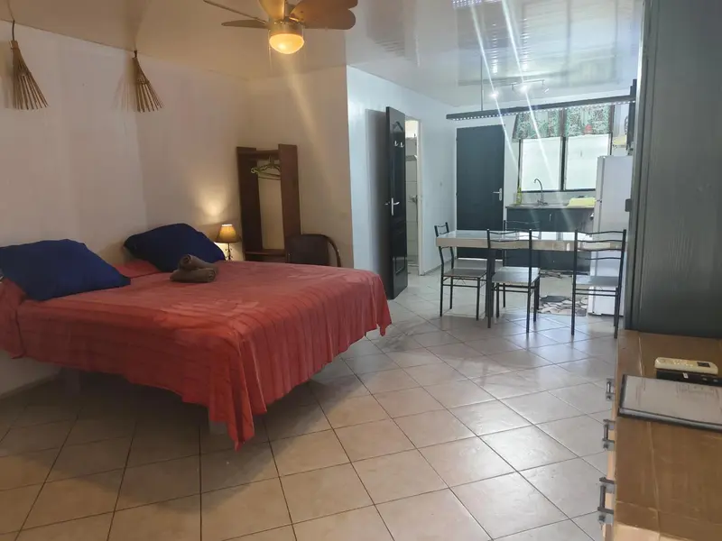 Une chambre avec un lit et une table à manger.