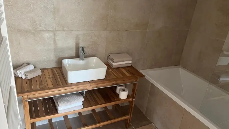 Une salle de bain moderne avec une baignoire et un meuble-lavabo en bois.