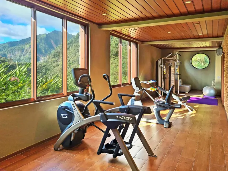 Une salle de sport lumineuse offre une vue sur un paysage montagneux verdoyant.