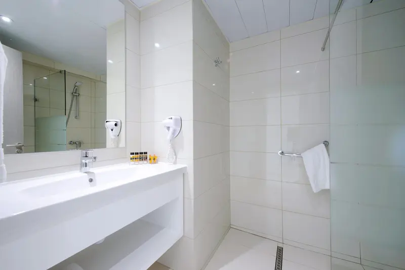 Une salle de bain claire avec douche à l'italienne et grand miroir.