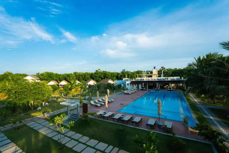 Une piscine rectangulaire bordée de transats dans un jardin tropical.