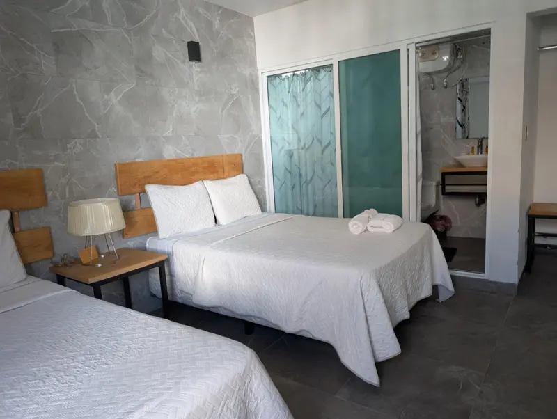 Une chambre lumineuse avec un grand lit et une salle de bain attenante.
