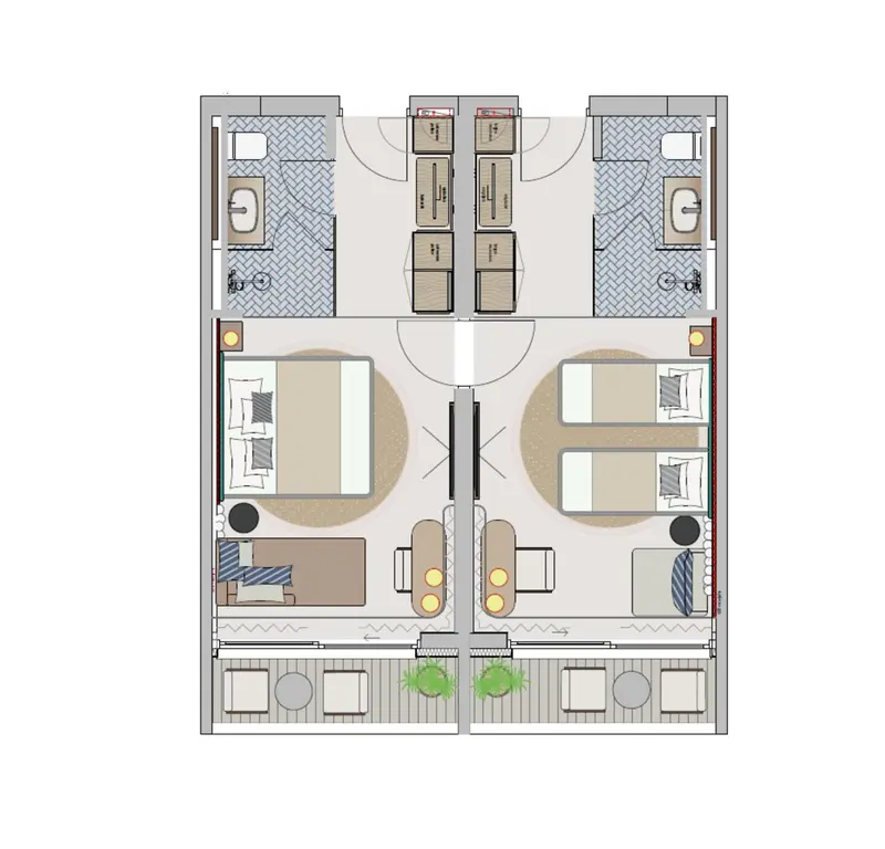 Vue d'ensemble d'une chambre d'hôtel avec un lit et un coin salon.