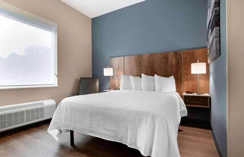 Une chambre d'hôtel lumineuse avec un grand lit recouvert d'une couette blanche.