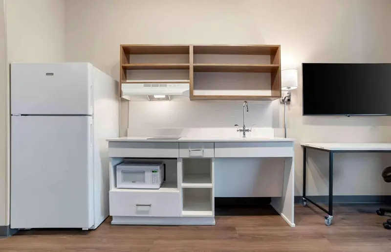 Une kitchenette moderne avec un réfrigérateur, un micro-ondes et un évier.