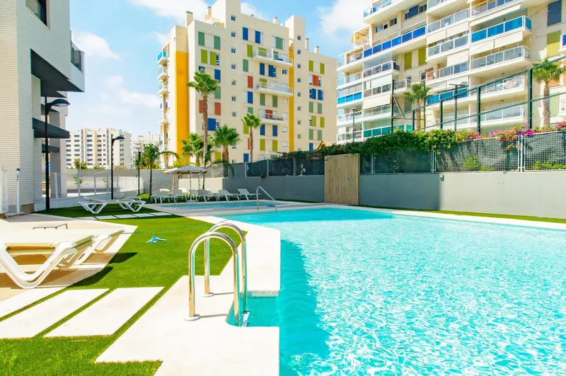 Piscine rectangulaire bordée de transats et de pelouse verte devant un bâtiment coloré.