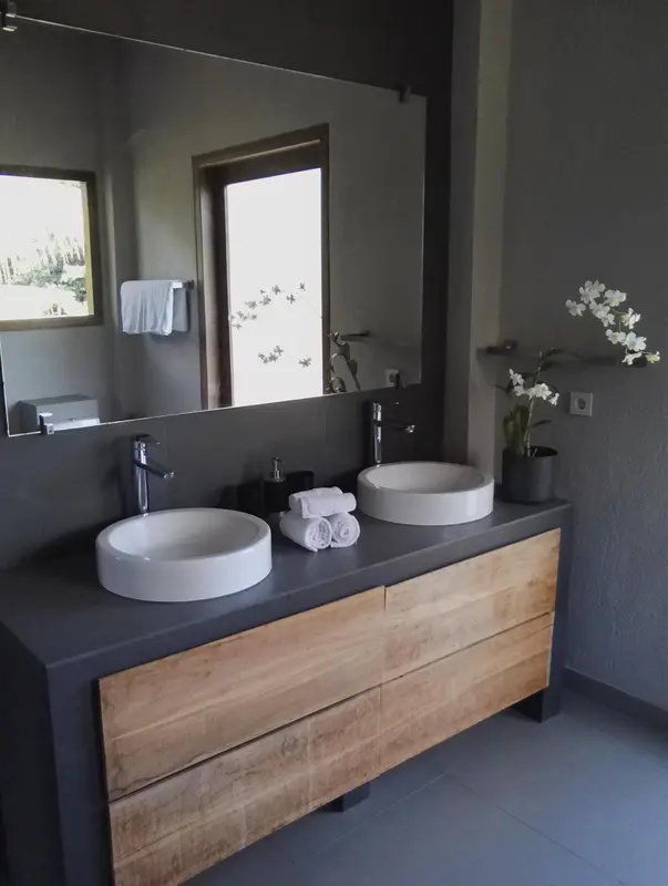 Deux vasques sur un meuble en bois clair dans une salle de bain moderne.