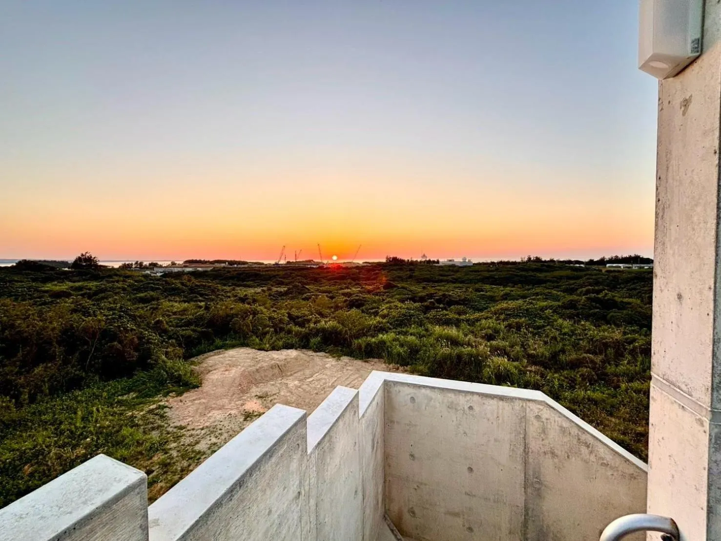 Coucher de soleil sur une végétation côtière vue depuis une terrasse.