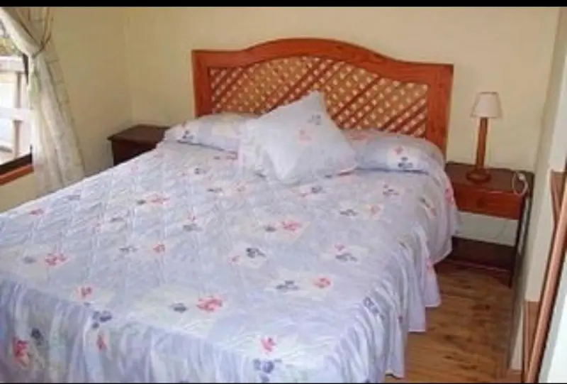 Une chambre avec un lit double et des tables de chevet.