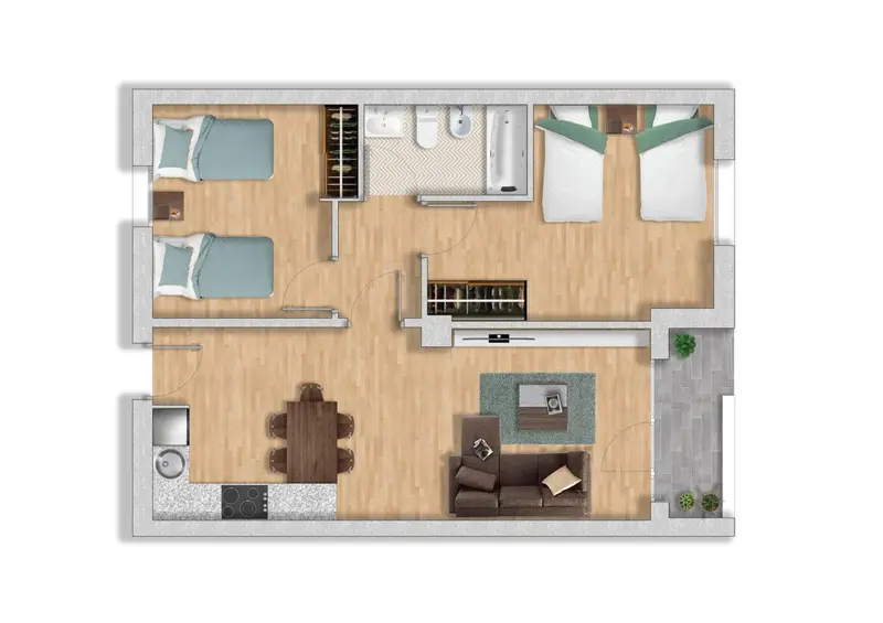 Plan d'un appartement avec deux chambres, un salon et une cuisine.