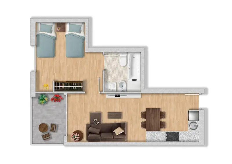 Plan d'un appartement avec deux chambres, un salon et une cuisine.