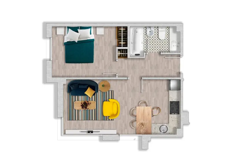 Plan d'un appartement avec chambre, salon et cuisine.
