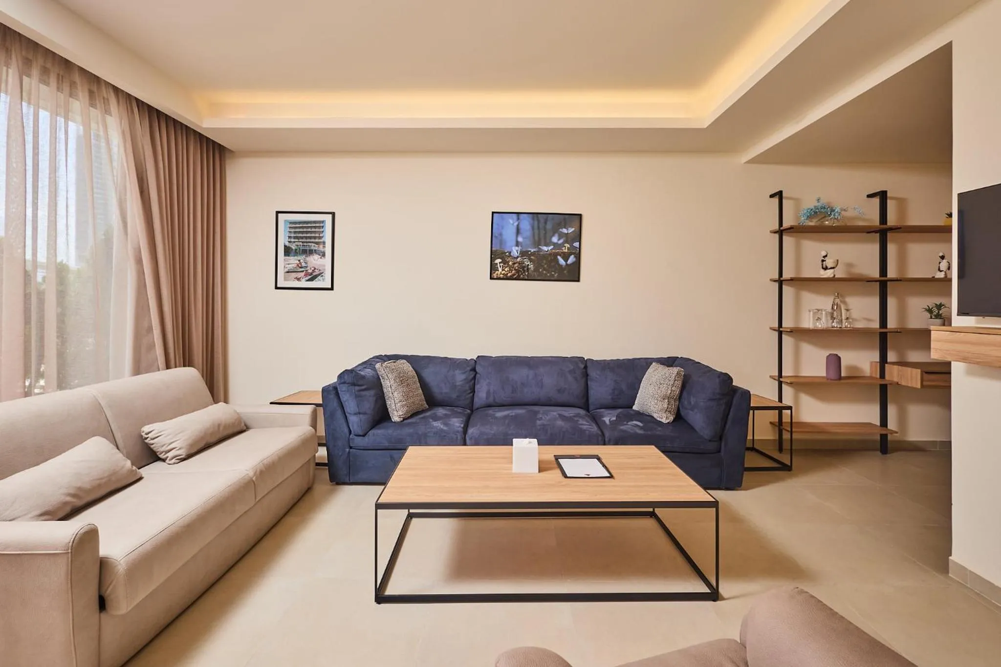 Un salon moderne avec un canapé bleu et une étagère décorative.