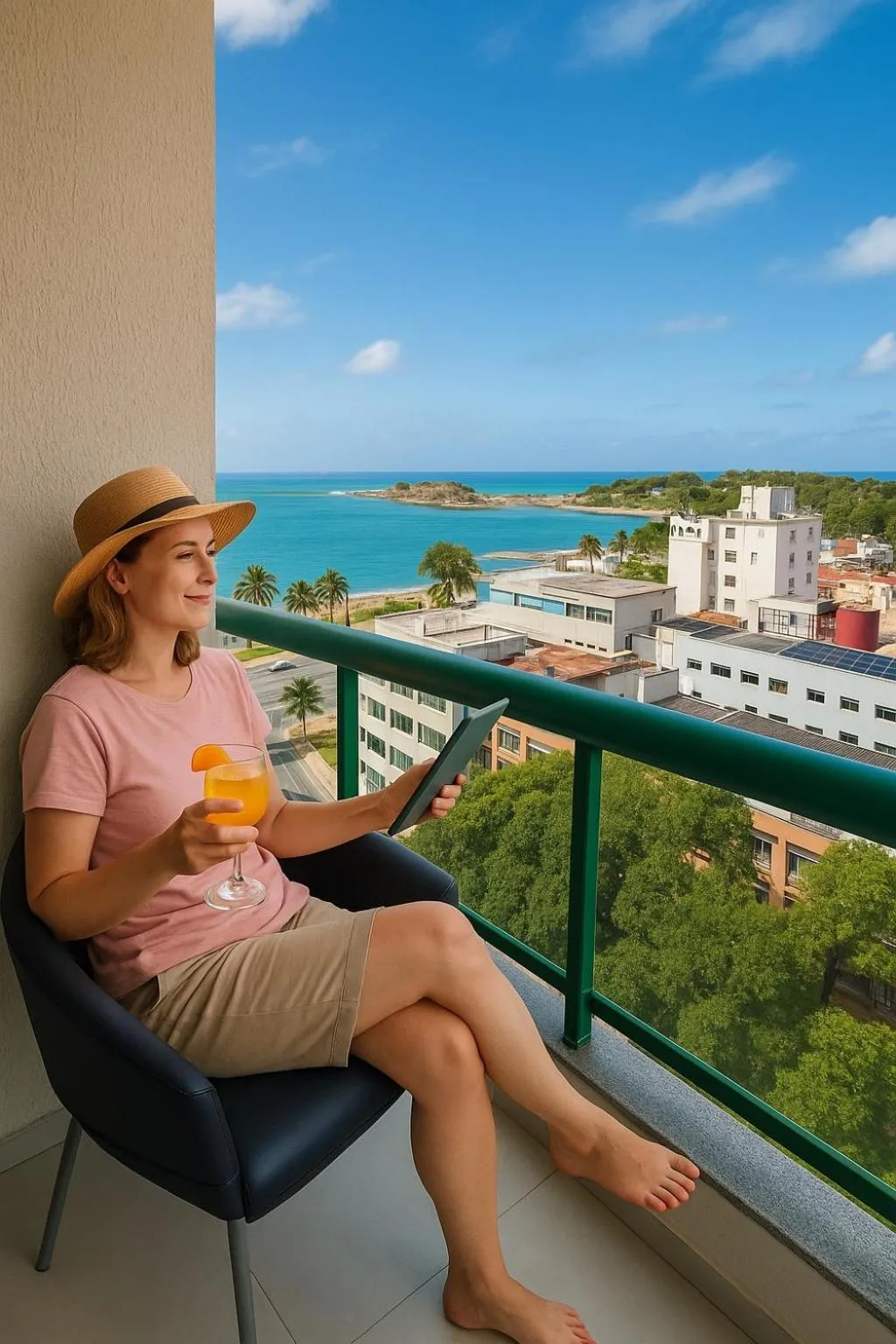 Une femme se détend sur un balcon avec une boisson et une tablette.