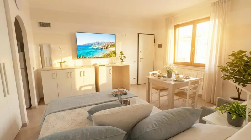 Interieur lumineux avec canape, meuble TV et table a manger pres d'une fenetre.