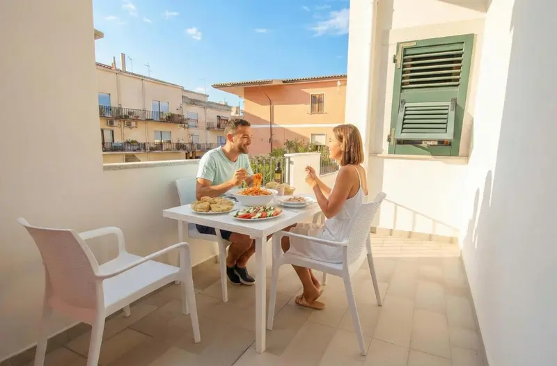 Un couple déjeune sur une terrasse ensoleillée.