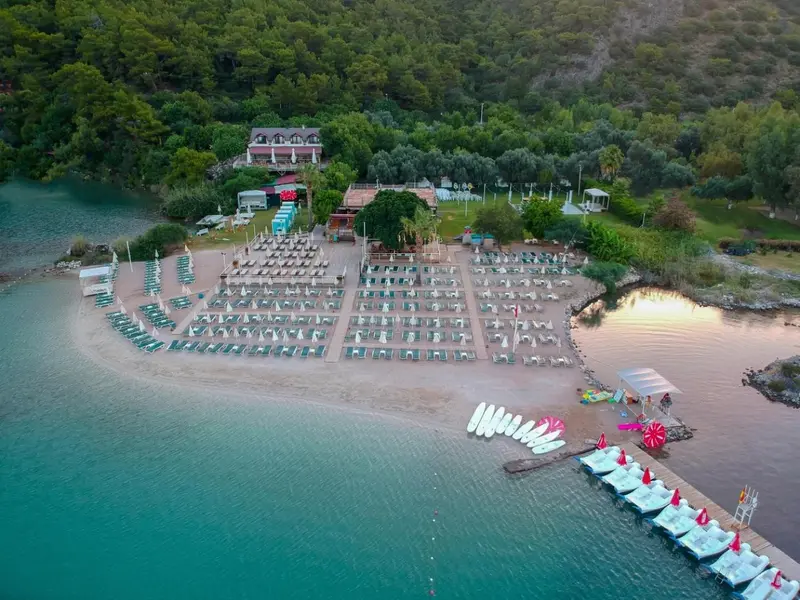 Vue aérienne d'une plage avec des transats et un ponton en bois.